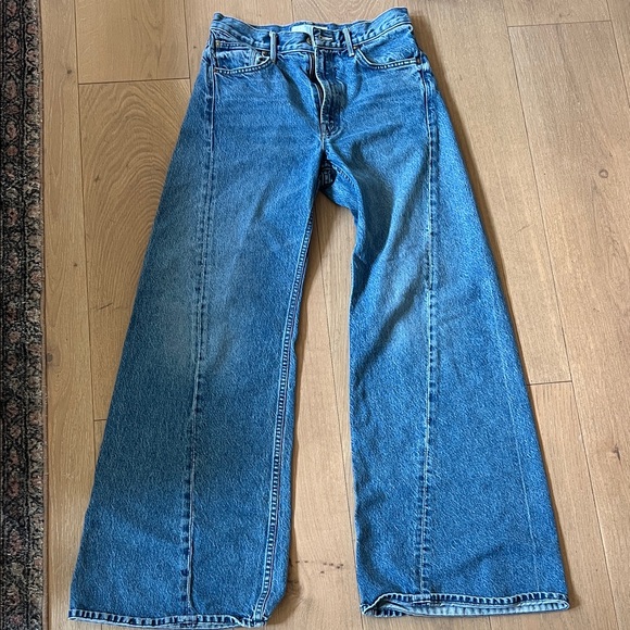 MOTHER Denim - MOTHER Wide Leg Flared Jeans in Medium Blue Denim